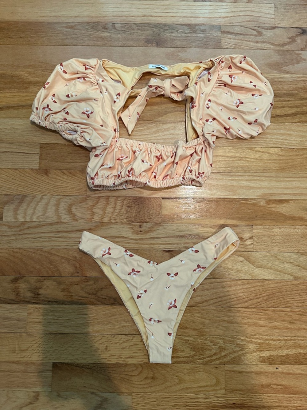 WeWoreWhat Peach Floral Puff-Sleeve Bikini Set